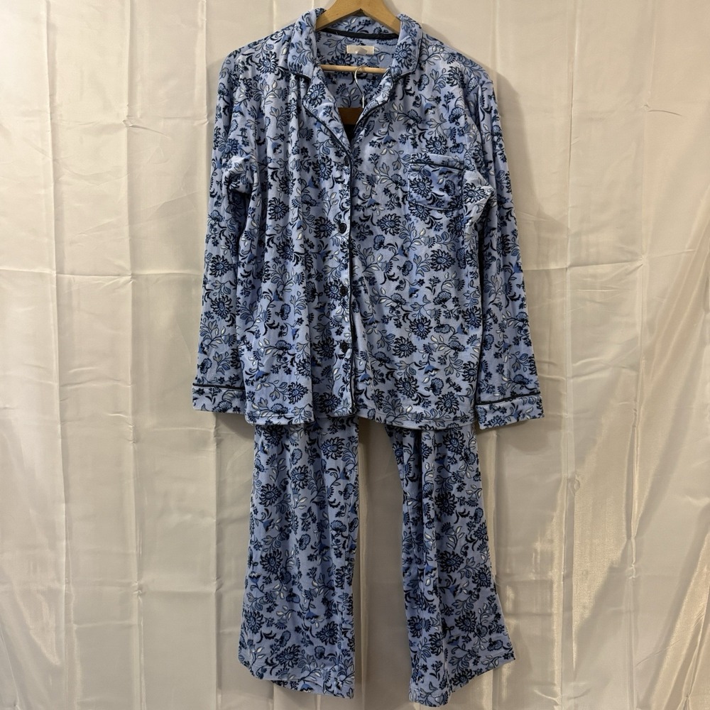 Secret Treasures‎ Womens L 12/14 Floral Velour Pajama Set Blue Cozy Soft Pjs